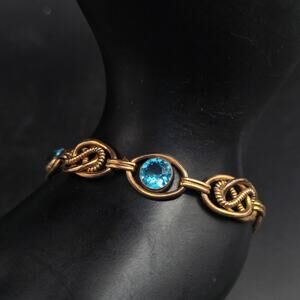 Sturdy 12K Gold Filled Bracelet Infinity Links Blue Glass Rhinestones Vintage